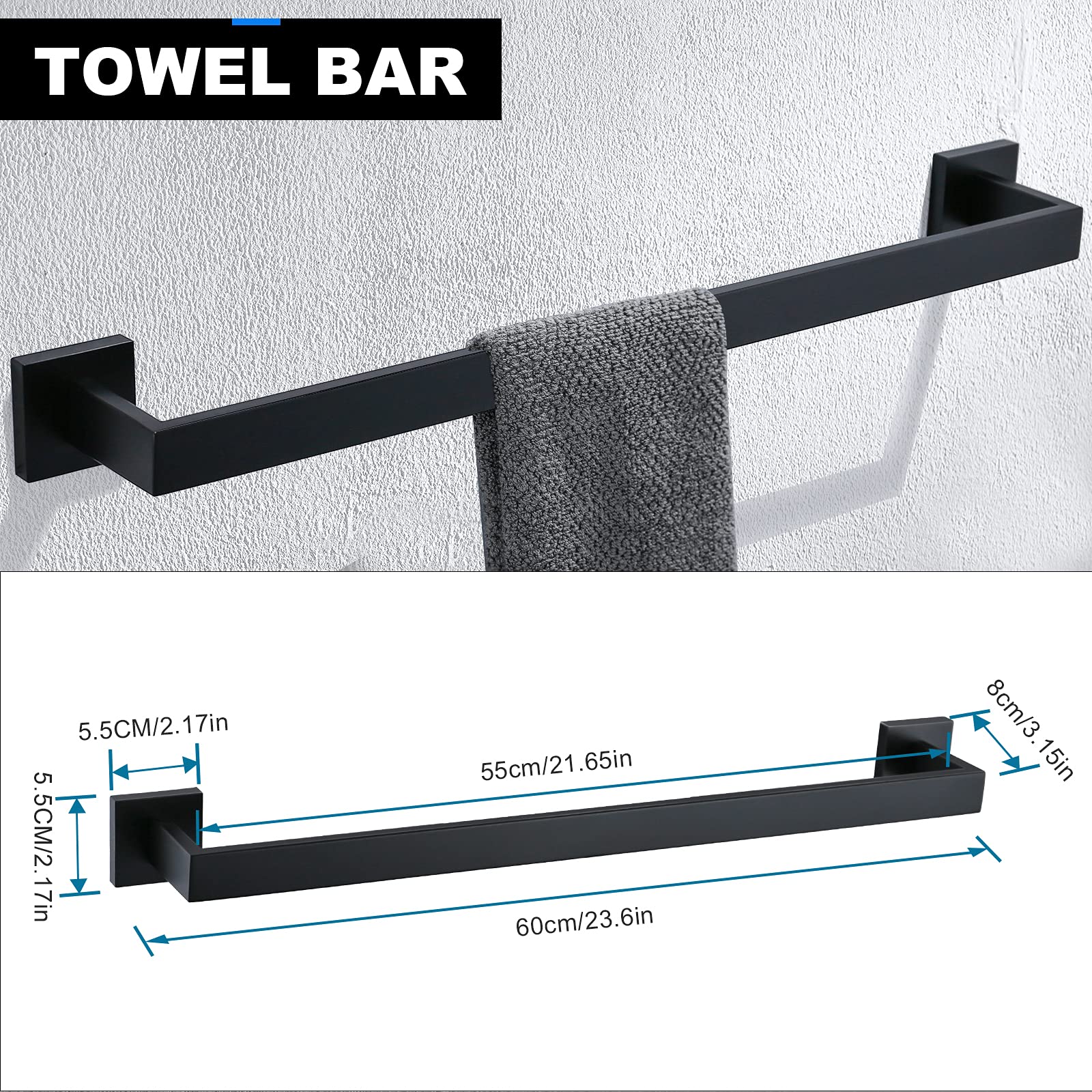 YACVCL 5-Piece Bathroom Hardware Accessories Set 23.6 inch Towel Bar Towel Rack Sets Modern Towel Ring Kit Stainless Steel Wall Mounted (Matte Black)